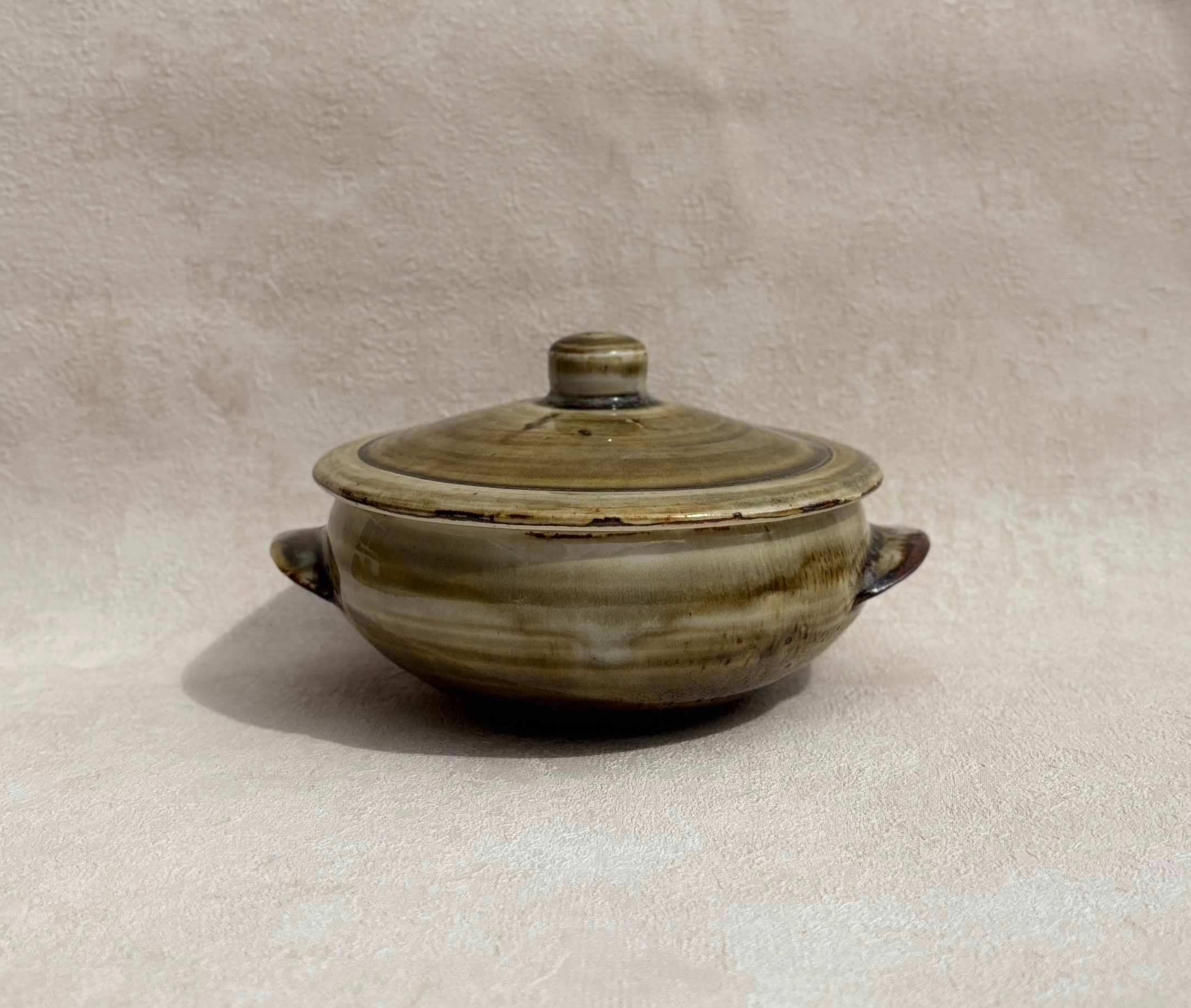 Vintage Studio Pottery, Lidded Bowl, Reactive Glaze - Hand Thrown, olive brown glaze. rustic decor.