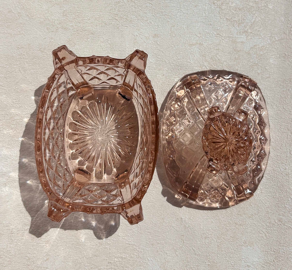 Thumbnail: Vintage Stölzle  Art Deco Blush Pink Pressed Glass Vanity 4 piece Set, vintage candle holders , tray. powder pot.