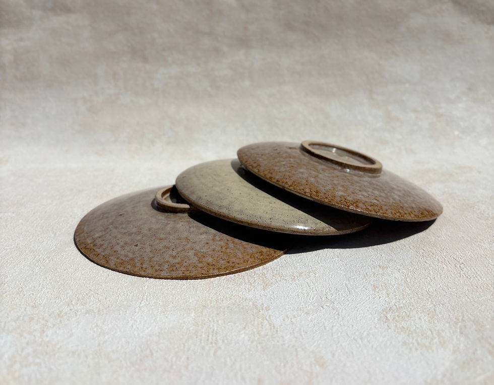 Thumbnail: Vintage Studio Pottery Stoneware, Ochre Ceramic Dishes, Hand Thrown - Set of 3. rustic shelf styling, organic interiors.
