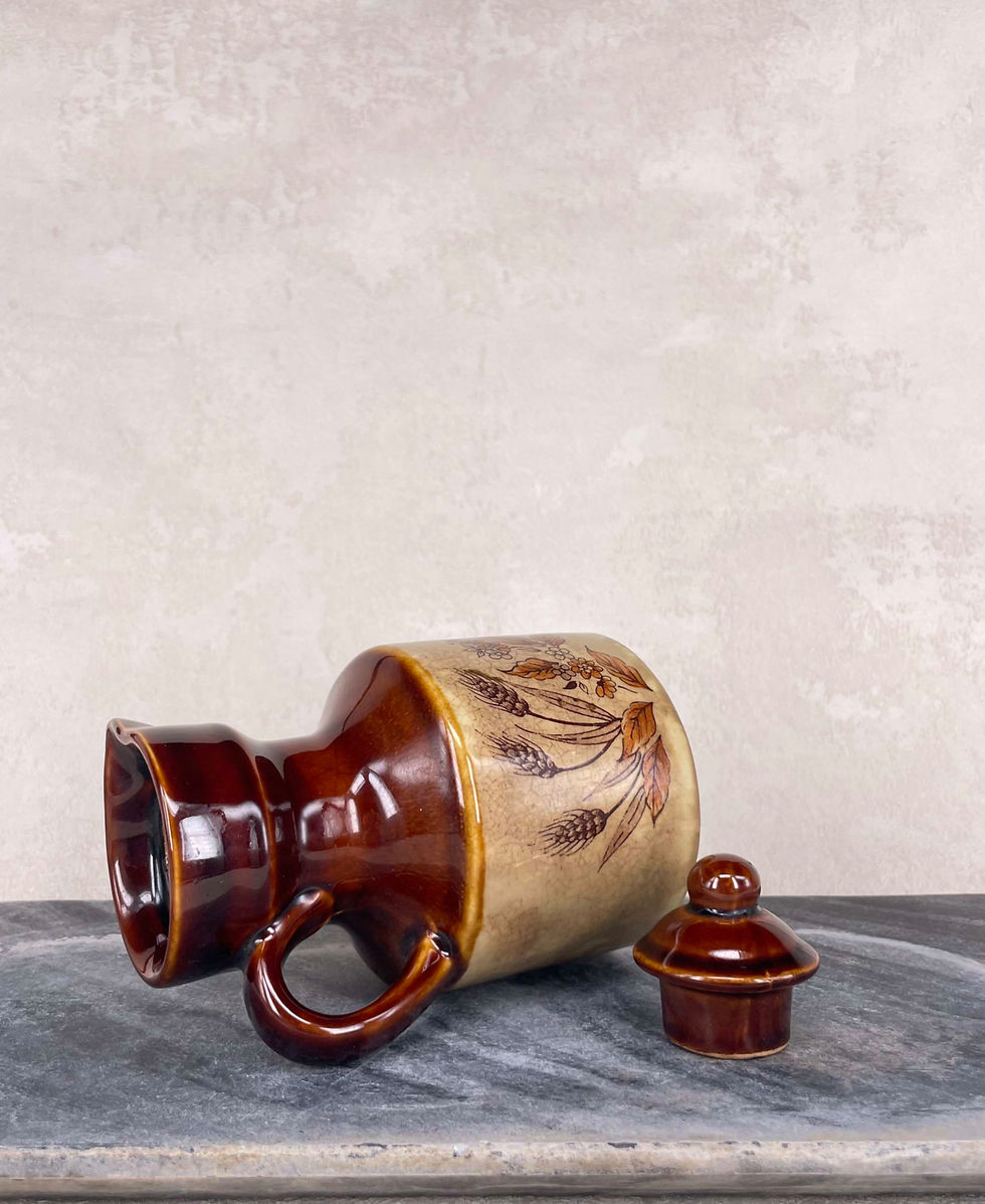 Vintage Ceramic Cruet, oil & Vinegar jug, wheat design, rich chocolate glaze finish, with matching lid. MCM decor.