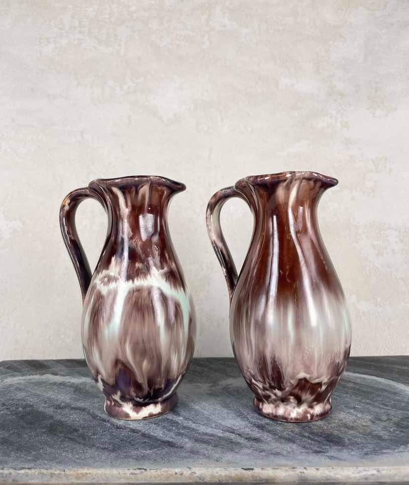 Thumbnail: retro West German pottery jugs, drip glaze in burgundy & cream, matching pair. Bay Keramik