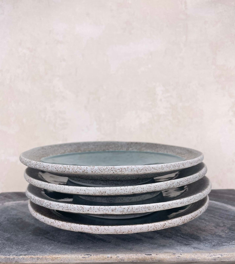 Vintage 1970's rustic hand made studio pottery plates, speckled stone outer and light blue hand glaze inner, set of 4  rustic