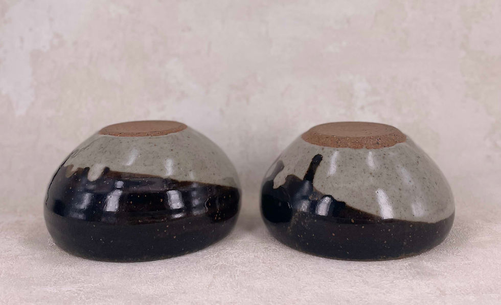 Thumbnail: matching vintage signed stoneware bowls, wheel thrown signed collectable pottery, drip glaze earthy tones.