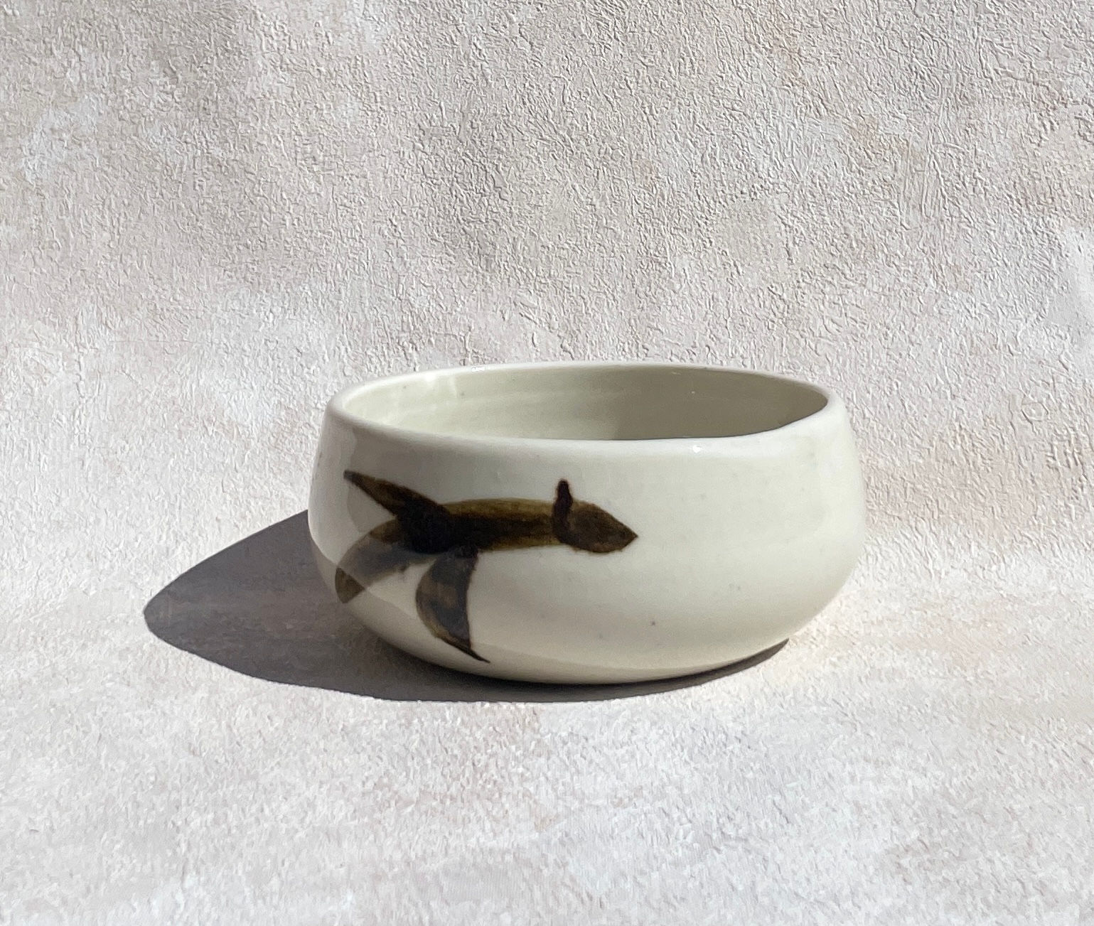 hand thrown ceramic artisan studio pottery bowl, cream glaze, brown abstract painting, artisan bowl, wabi-sabi decor.