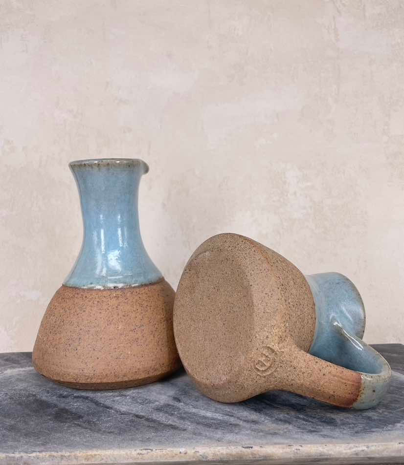 Studio pottery stoneware jugs, earthy tones, pair of, matching set of two rustic  jugs with makers mark, signed.