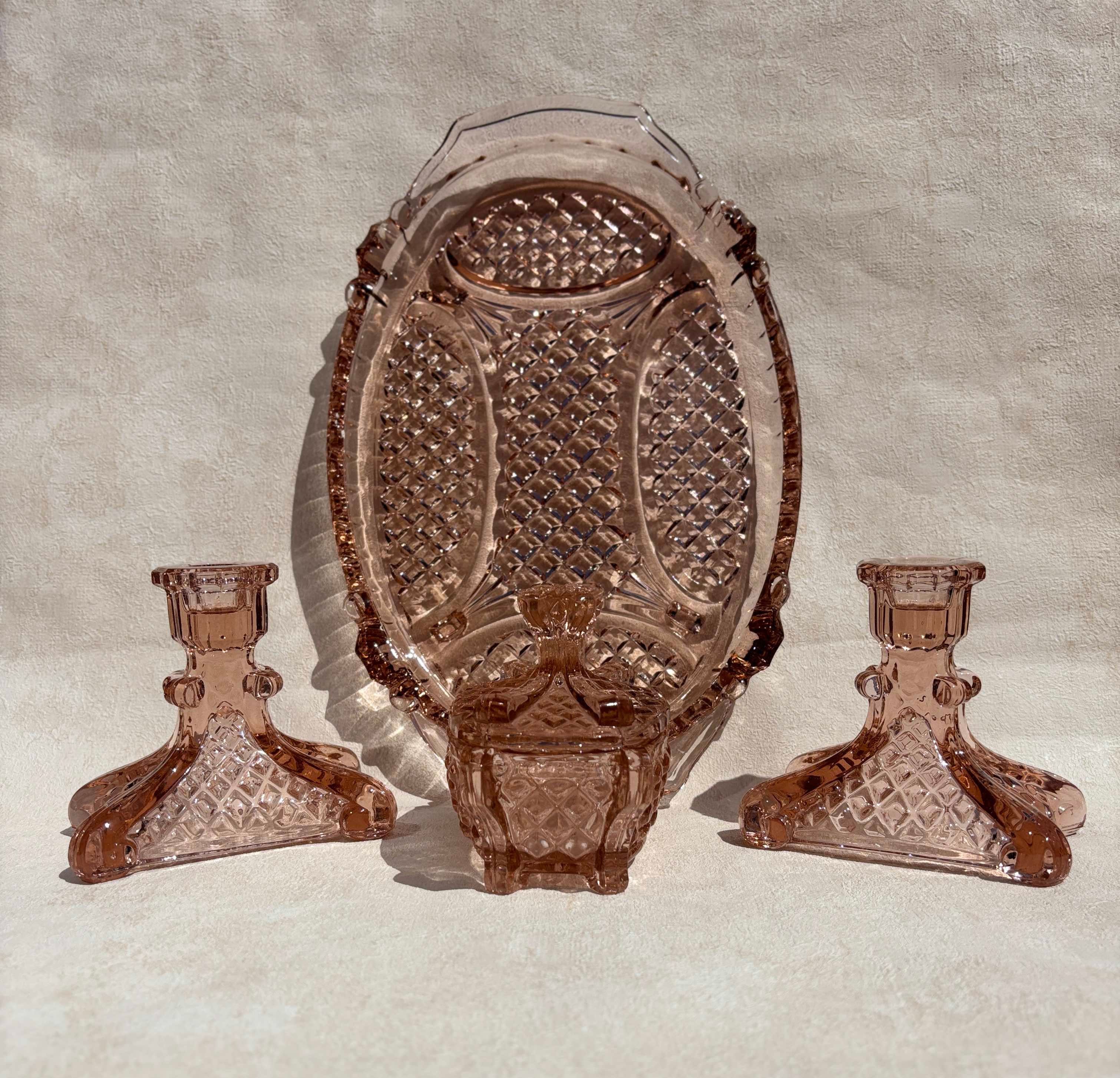 Vintage Stölzle Art Deco Blush Pink Pressed Glass vanity Set - Stölzle, Heřmanova Huť, Czechoslovakia, 4 piece vintage set