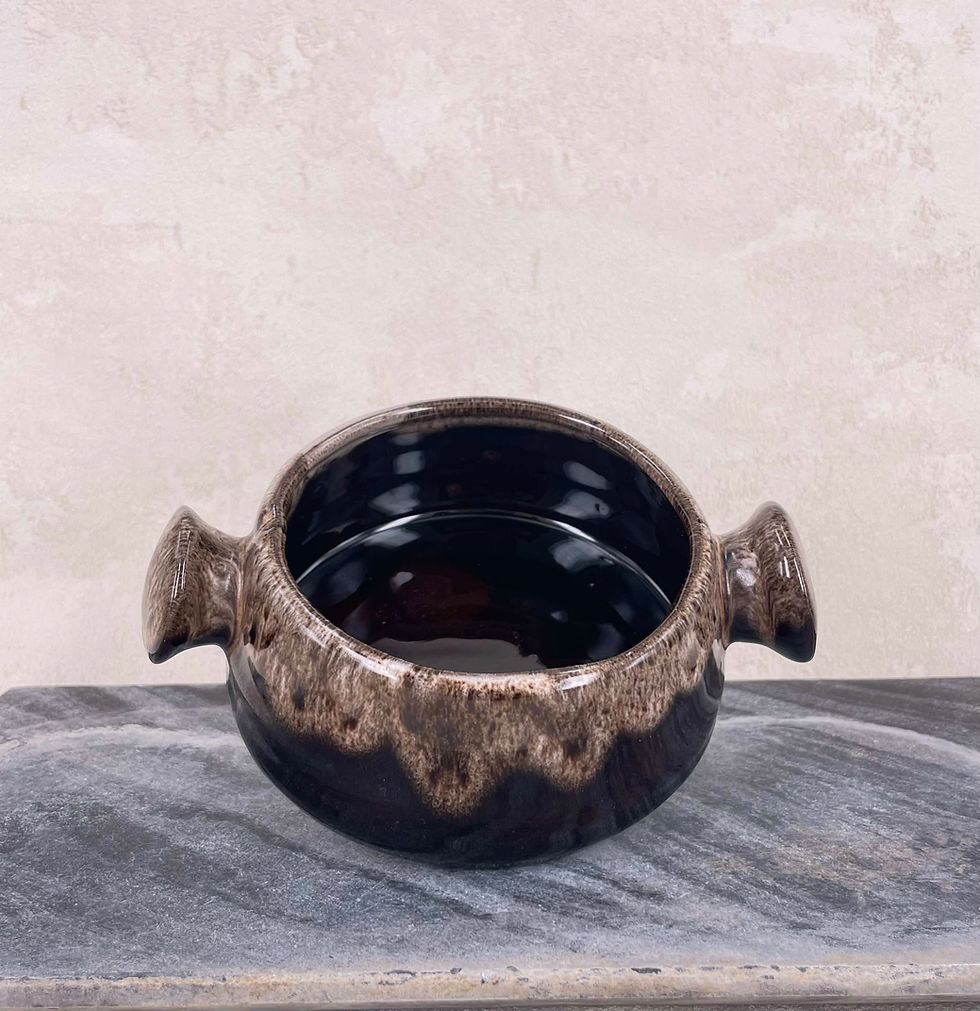 Mid - Century round bellied soup bowl - hand glazed stoneware c.1970 drip glaze in brown
