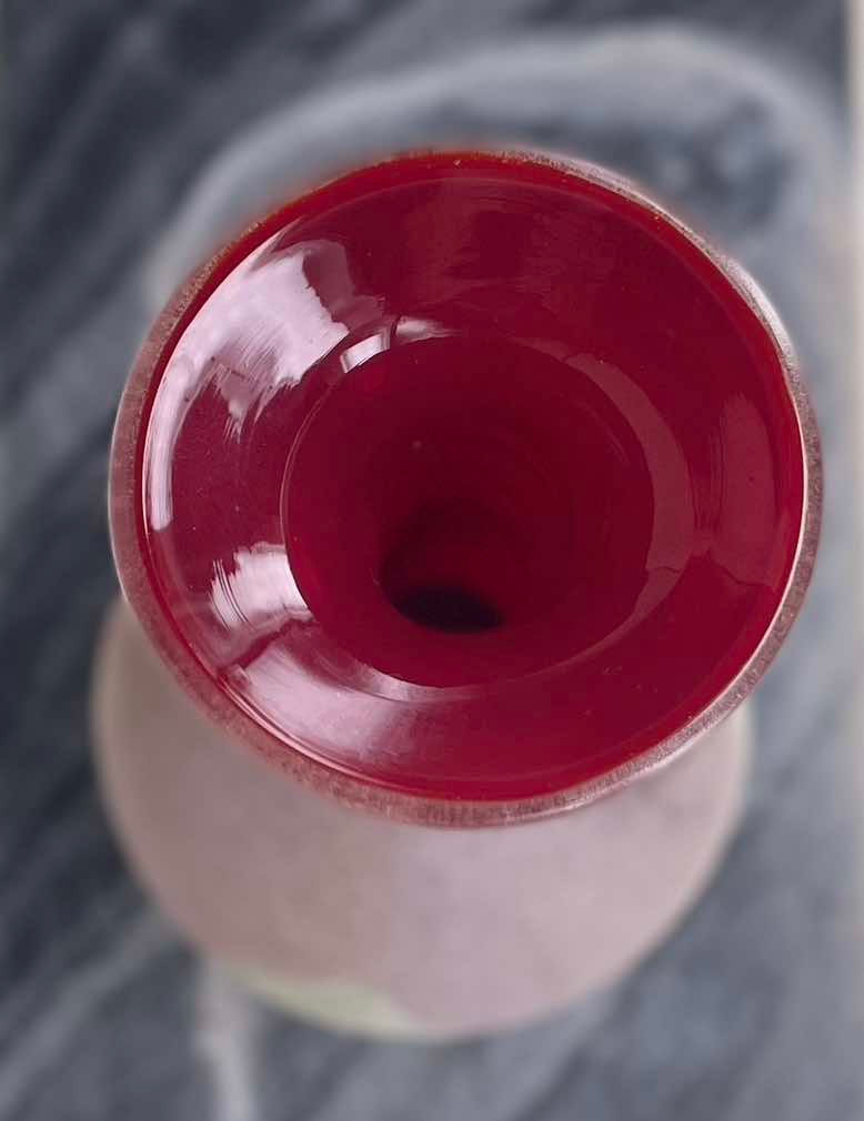 Thumbnail: Textured Lafiore scavo vase, cranberry red vase, pink art vase, spiral neck, statement vase, vintage homeware, red art glass.