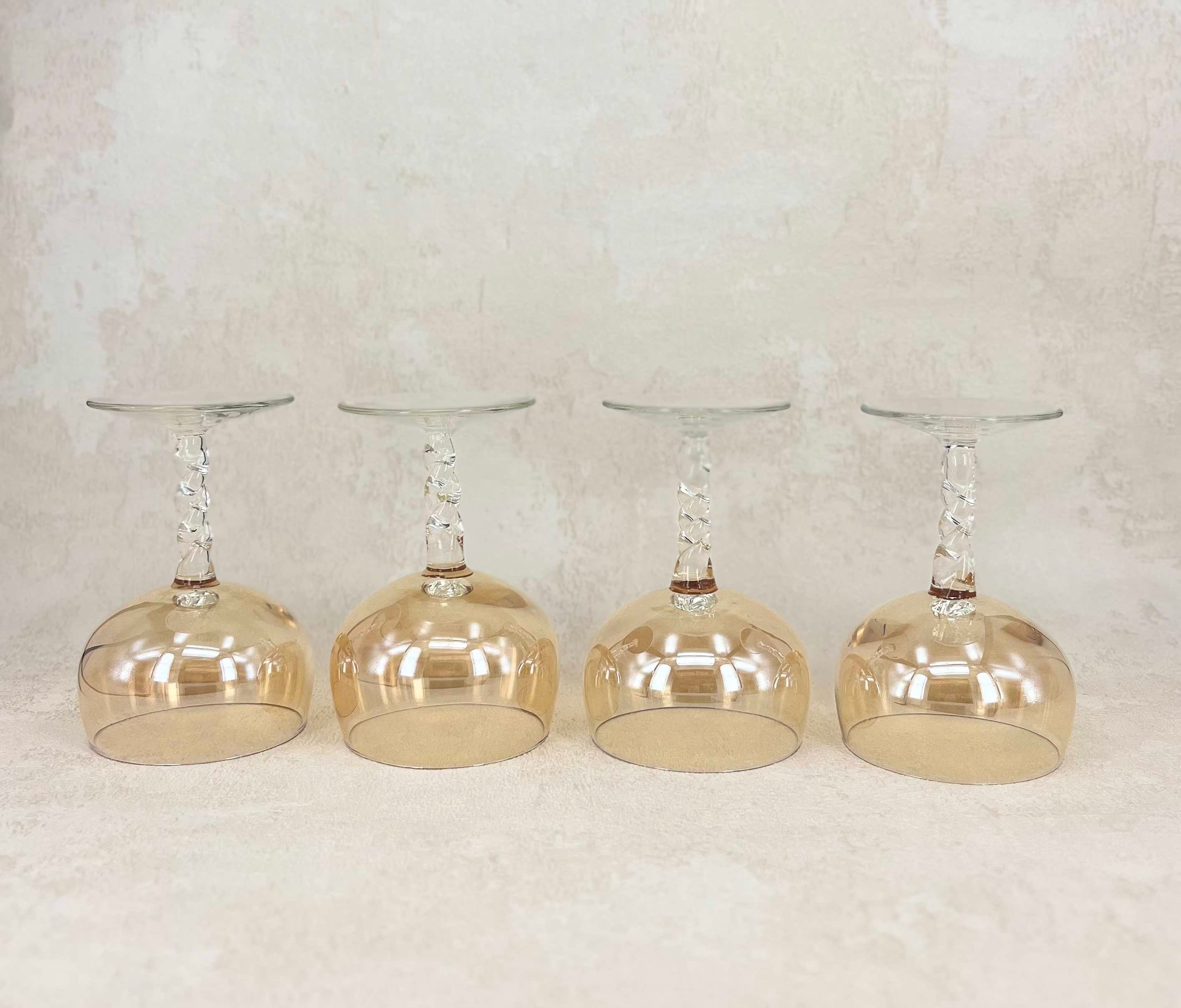 Vintage Iridescent Amber Retro Cocktail Glasses With Twisted Stems - Set of 4.lustre glass bowls, barley twist stem.
