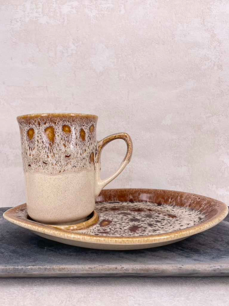 Mid Century Vintage cup and plate set drip glaze vintage ceramic from Fosters Pottery Honeycomb finish, matching pair.