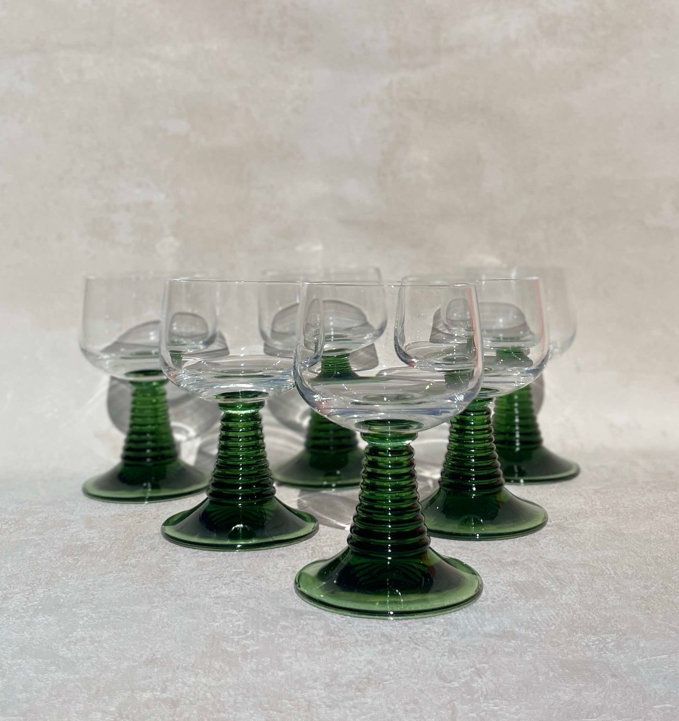 Vintage French Luminar Roemer wine glasses, mid century modern stemware, clear bowls green beehive stems, collectable glasses