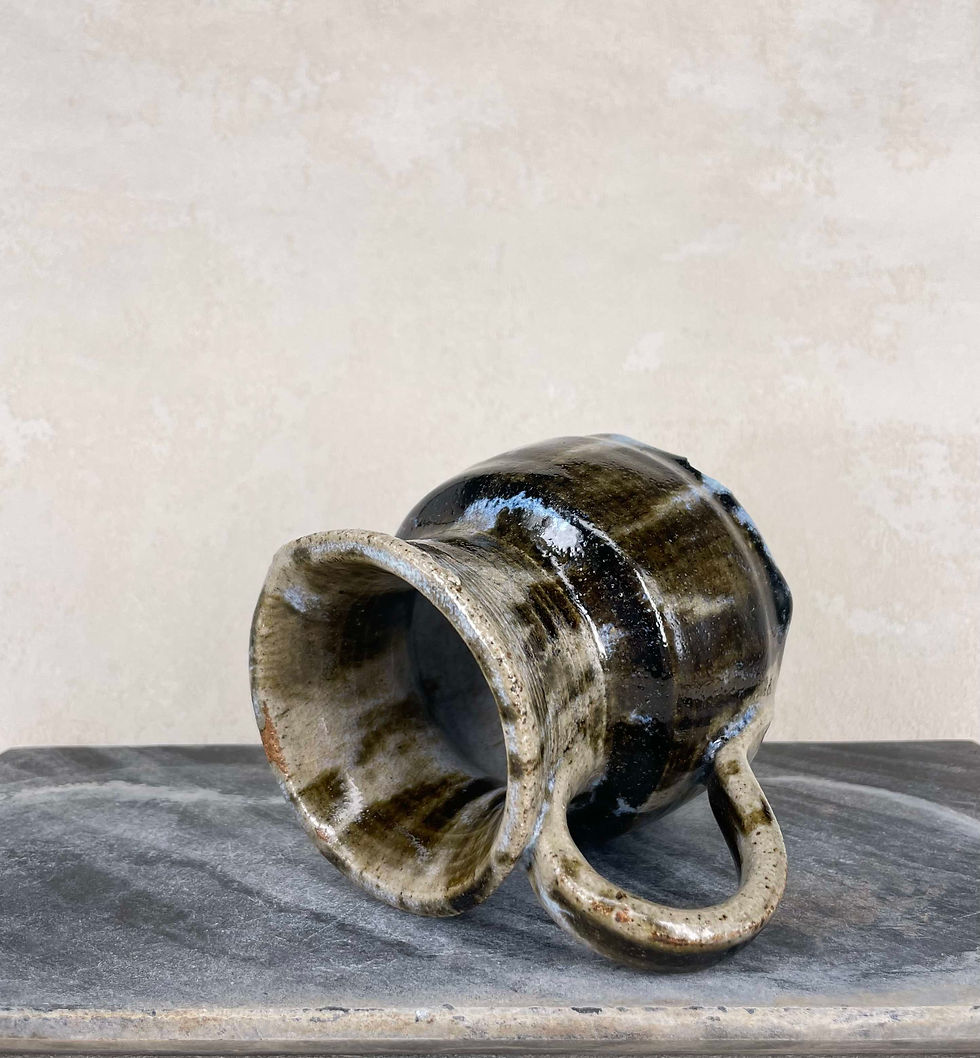 Thumbnail: Brown, beige light blue drip glaze jug, hand thrown signed artisan jug, rustic home decor, 1970's decor.