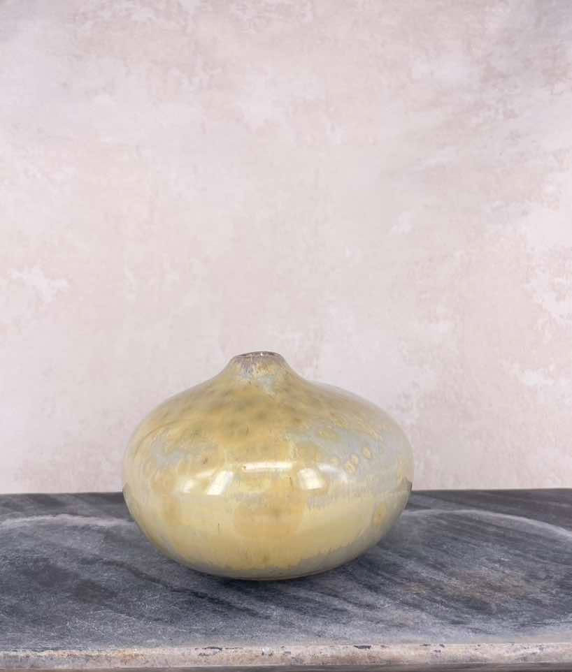 Thumbnail: Vintage Studio Pottery Vase with light green/yellow mottled effect glaze over stone coloured body, minimalist aesthetics,