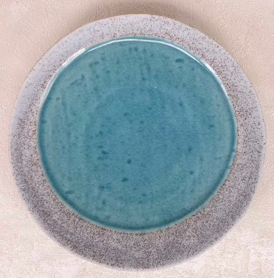 Thumbnail: Artisan hand thrown rustic speckled stoneware plate, with turquoise glaze in middle with thick heavy irregular glaze set of 4