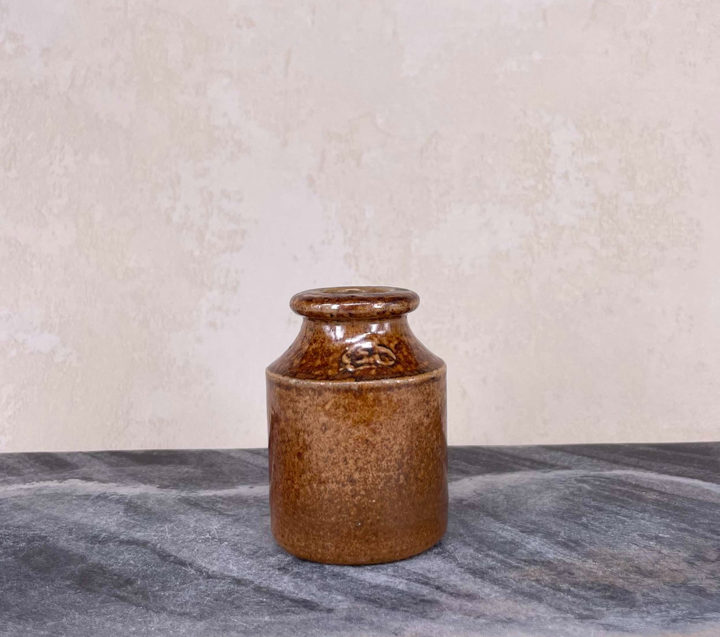 Antique Stoneware, Ink Bottle Brown Salt Glazed - Signed
