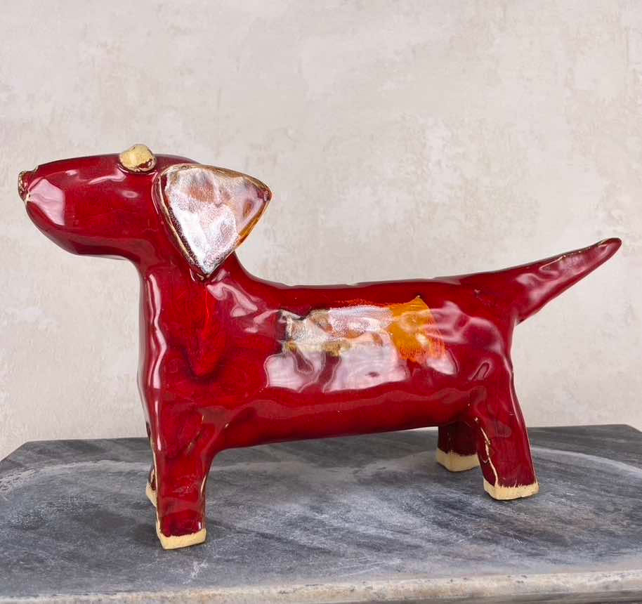 Thumbnail: Retro deep glazed hand made red dog incense burner sculpture, quirky one-of-a-kind. unique ceramic pottery, weighted.