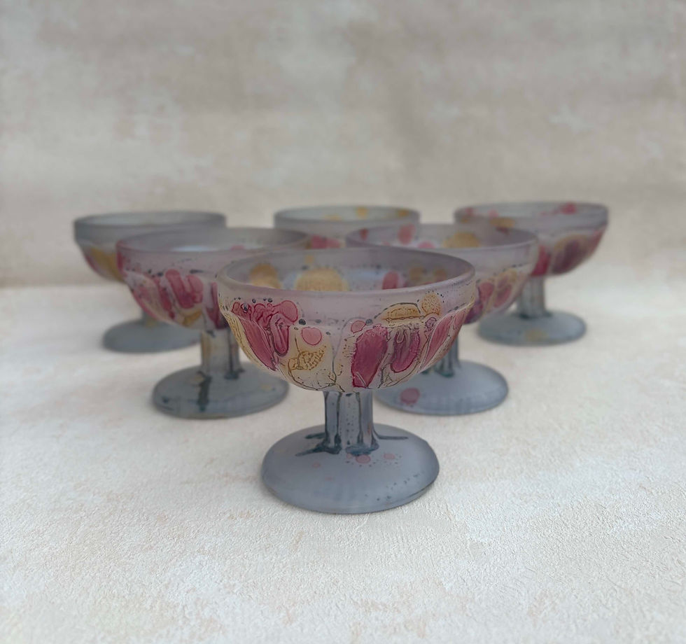 Thumbnail: Vintage Crisal Portugal, Stemmed Frosted Glass Dessert Dishes - Set of 6 frosted glass bowls. abstract art dishes.