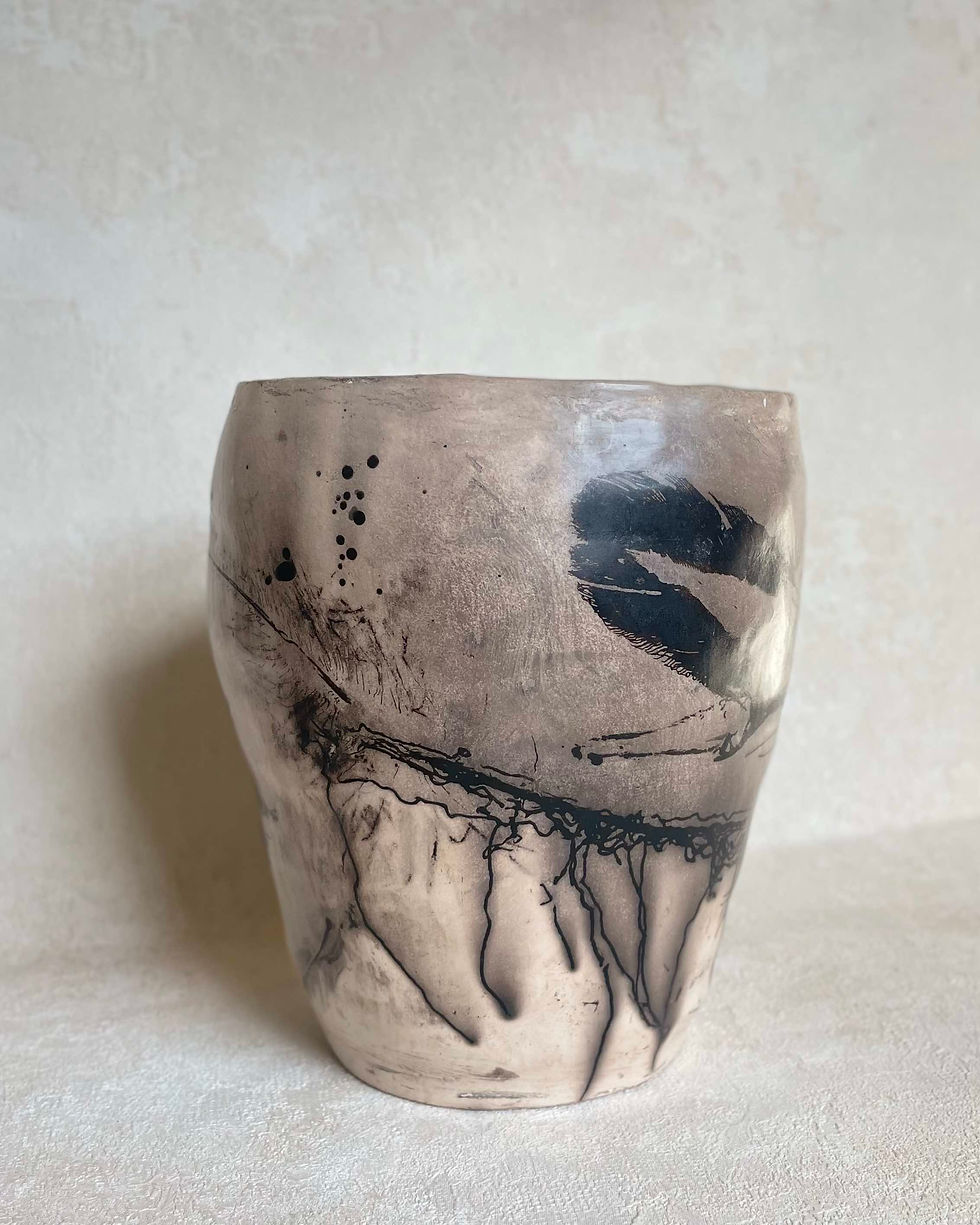 Thumbnail: hand thrown ceramic art sculpture, vase, signed, black and white inscribed painting Japanese inspired ceramic art formed vase
