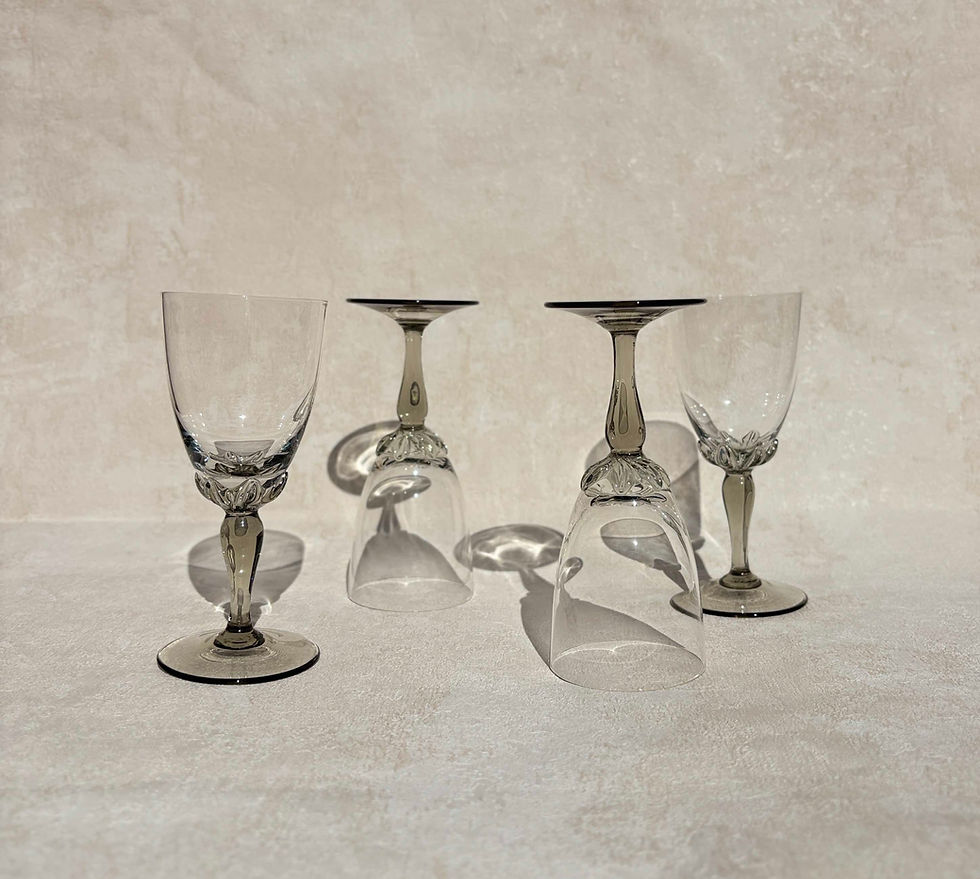 Thumbnail: Vintage Lead Crystal Sherry Glasses With Smokey Grey Stems - Set of 4. Lead crystal glasses. retro decor.