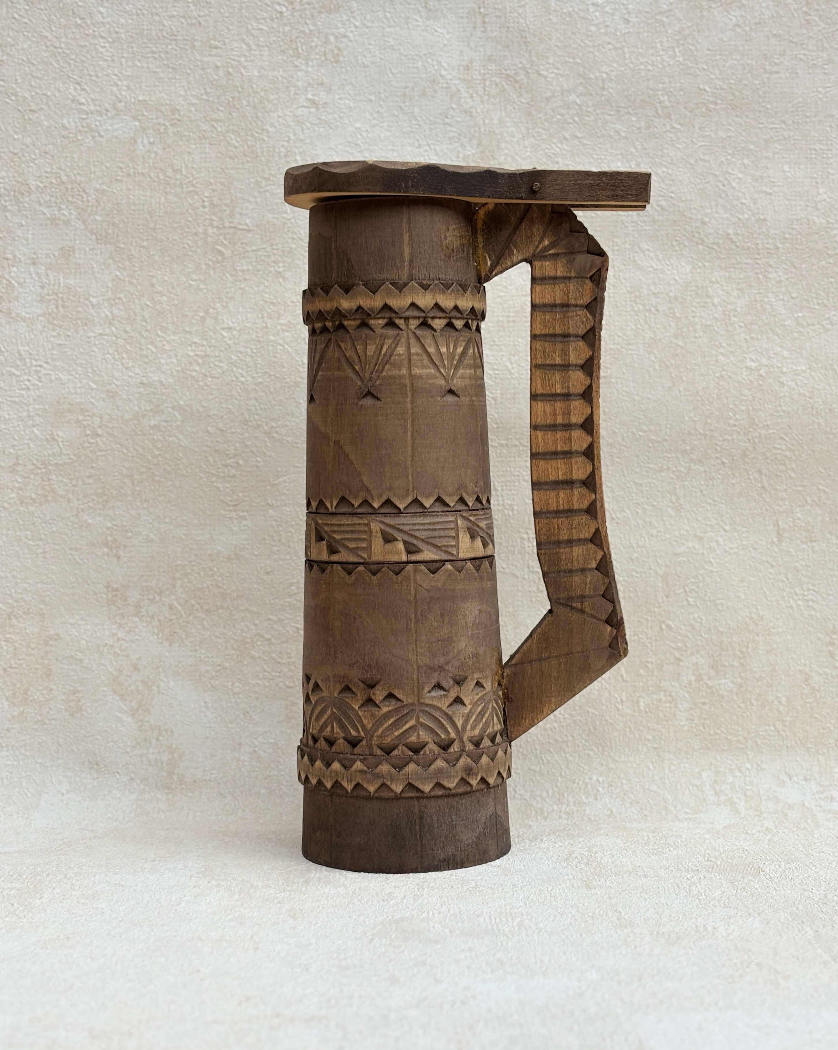 Vintage Hand-Carved Wooden Jug, Folk Art Treen, Geometric Carving, lidded wooden jug. Scandinavian decor, vintage wooden jug.