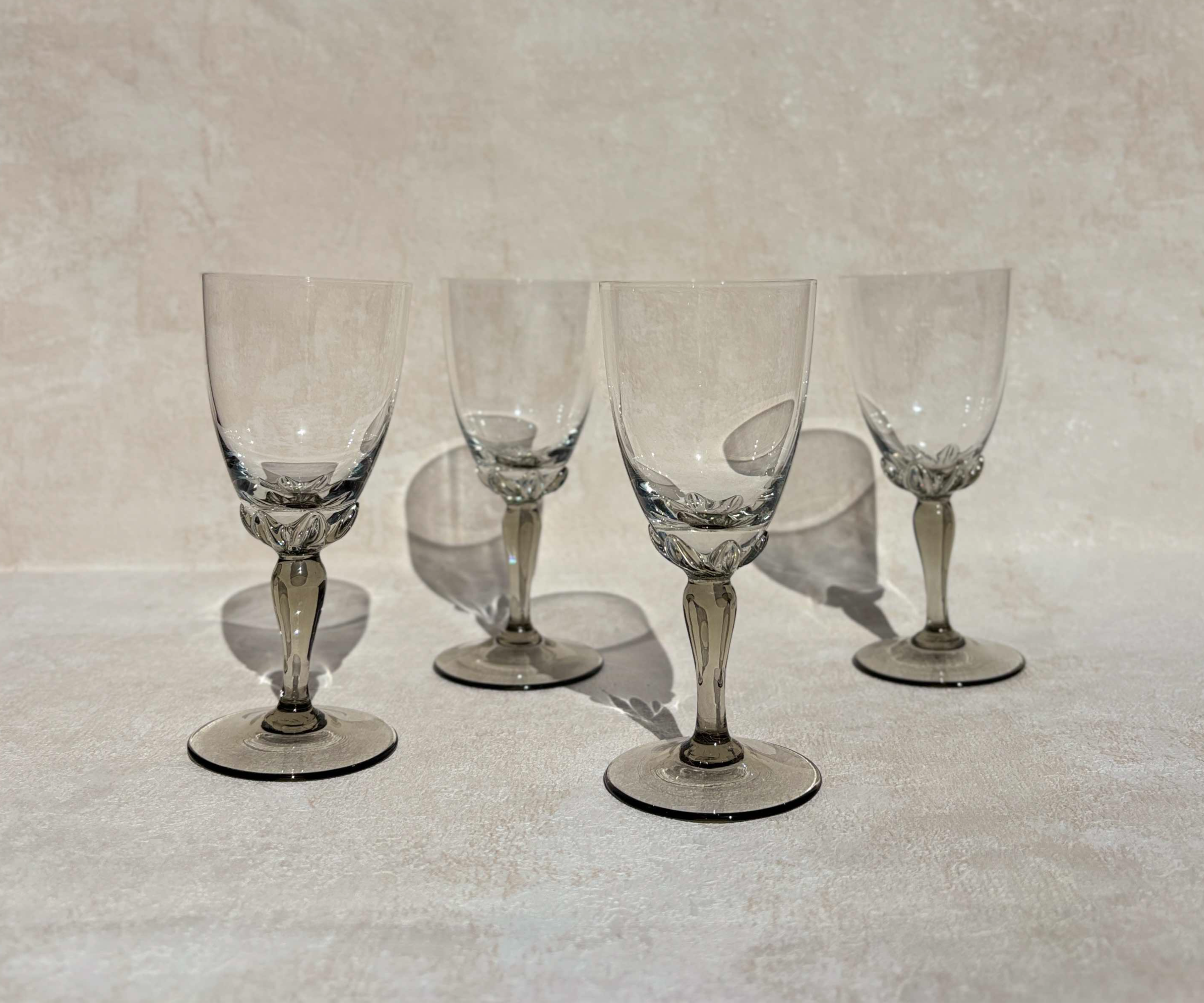 Vintage Lead Crystal Sherry Glasses With Smokey Grey Stems - Set of 4.