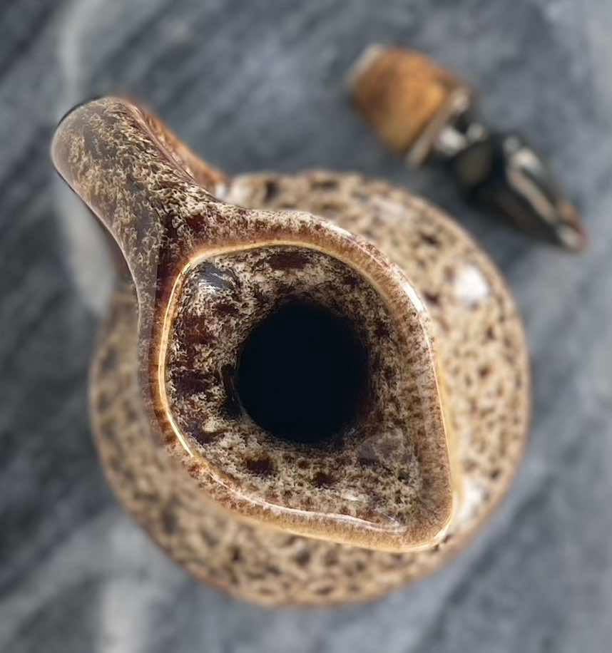 Thumbnail: Fosters pottery cruet set, brown ceramic drip glaze cruey, dripglaze lidded pot, retro condiments set, vintage table decor.