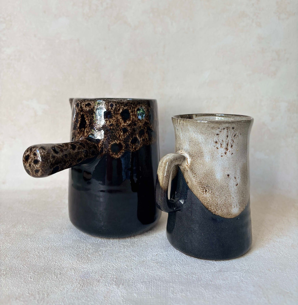 Vintage Studio Pottery Ceramic Pouring Jug & Mug, Brown/Cream Glaze - set of 2. Rustic interiors, red clay pottery, stoneware