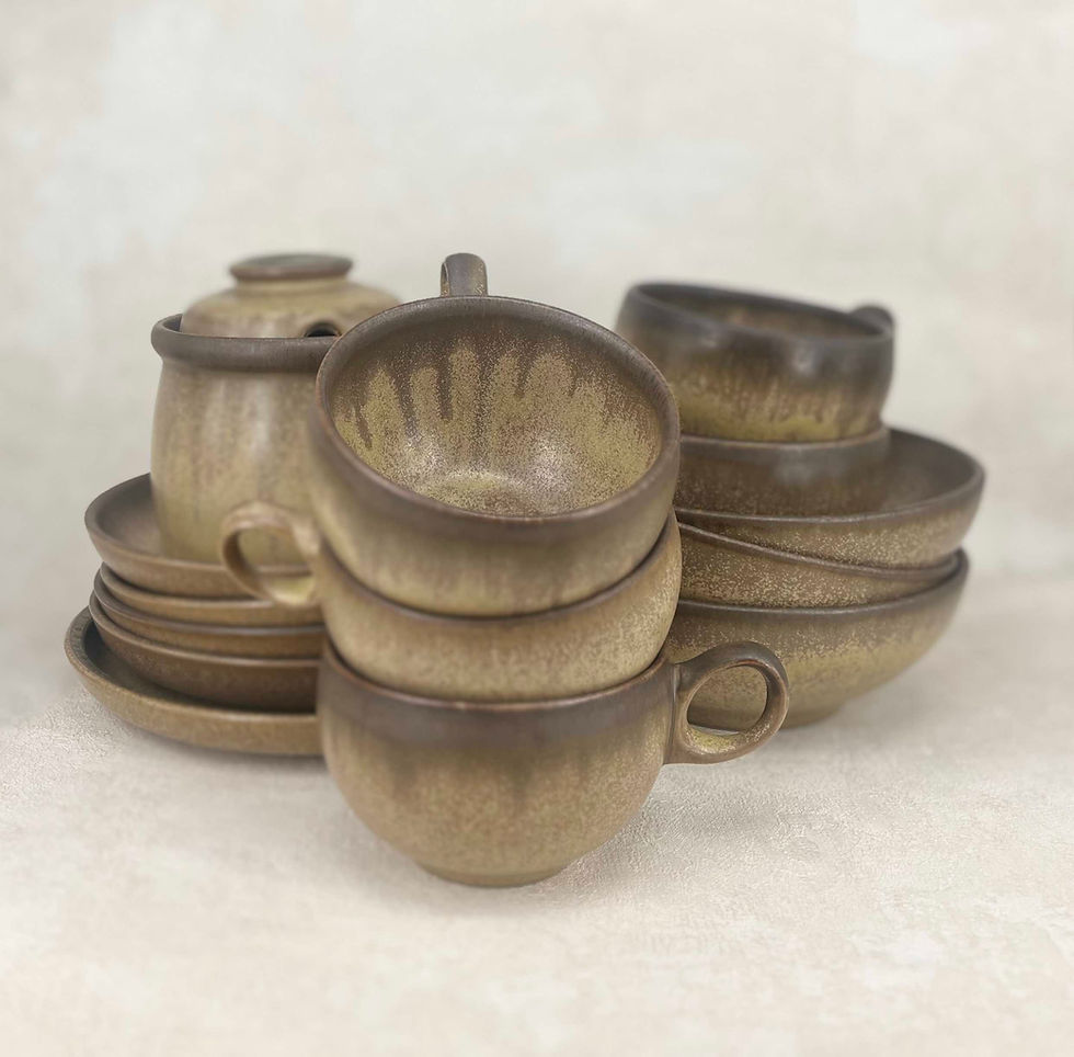 Vintage Denby 'Romany' Stoneware Coffee Set, Signed - 14 Piece Set.brown pottery, engish stoneware.