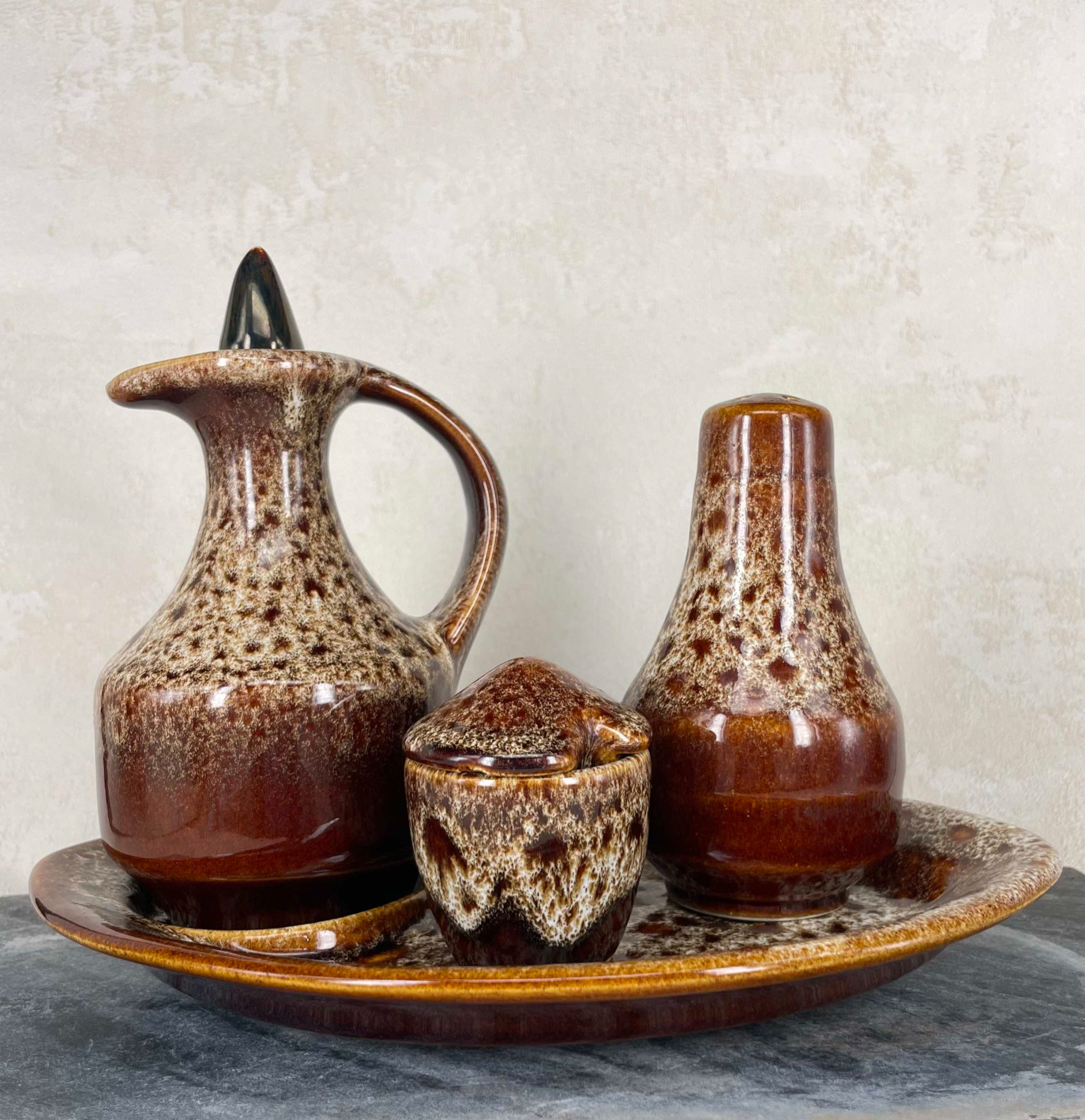 Fosters Pottery Condiment Set, Brown/Honeycomb Drip Glaze - 4 Pieces