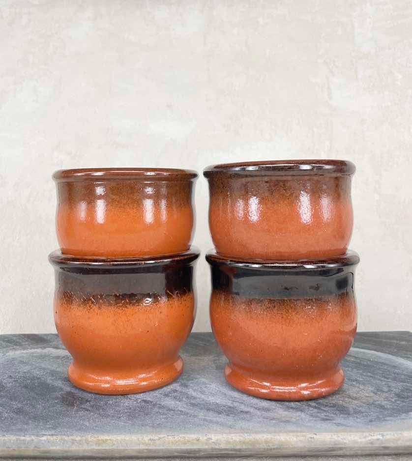Set of 4 mid century salt glazed terracotta utility preserve pots, jars, rustic kitchen decor c.1920-40's.