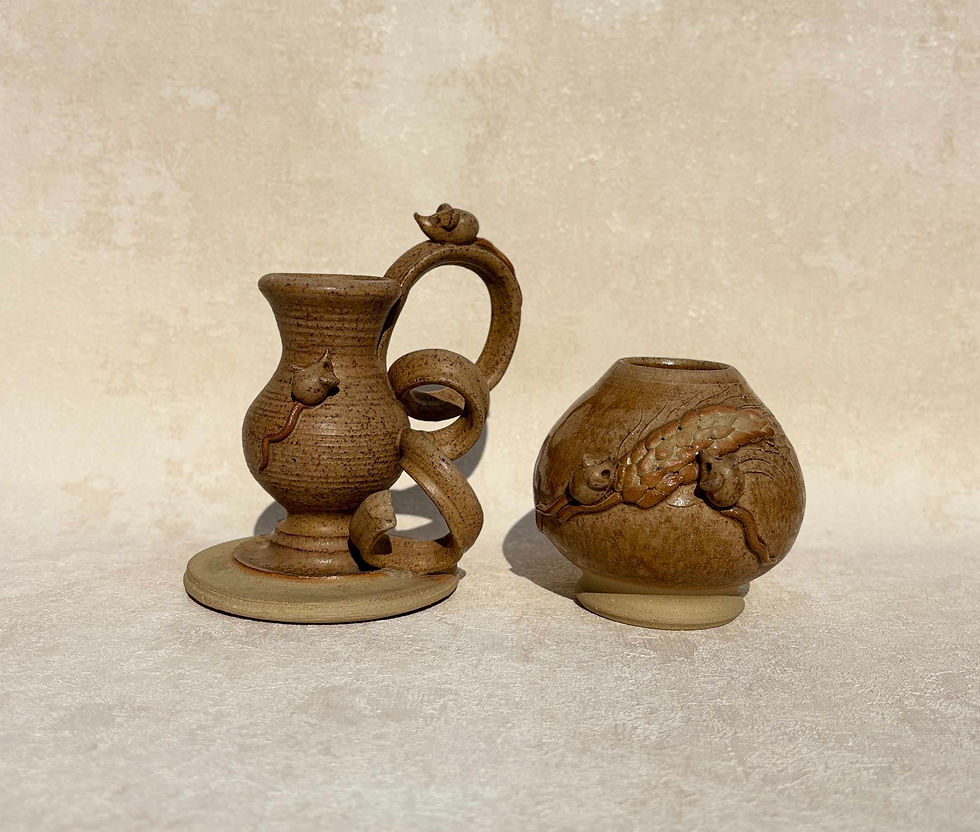 Vintage Studio Pottery, Anthea Johnson Mouse Ware Studio Pottery Candle Holder & Pedestal Bowl, 2 piece rustic decor.