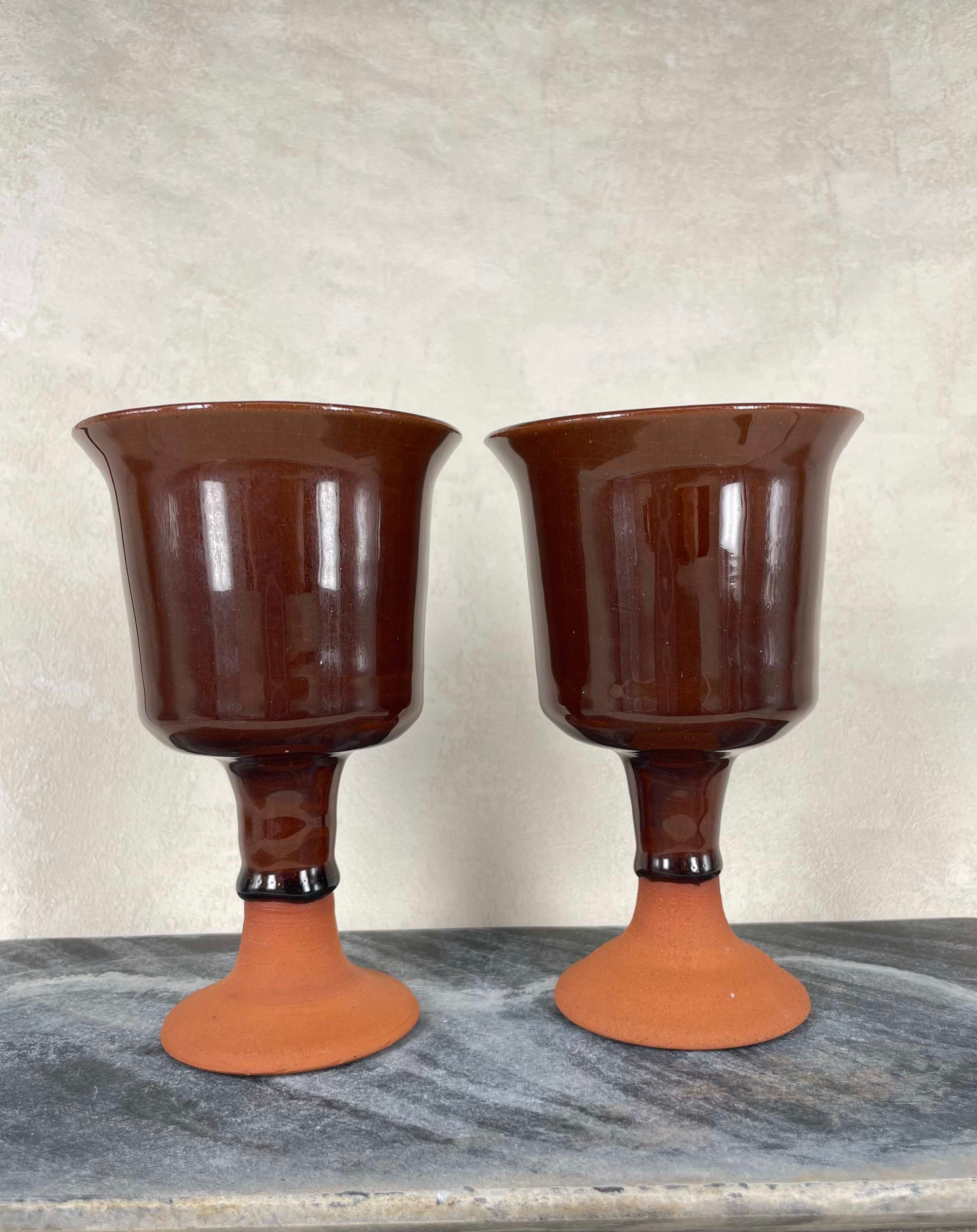 Vintage terracotta goblets, luxurious brown drip bowls, hand made artisan quality. 2 piece set