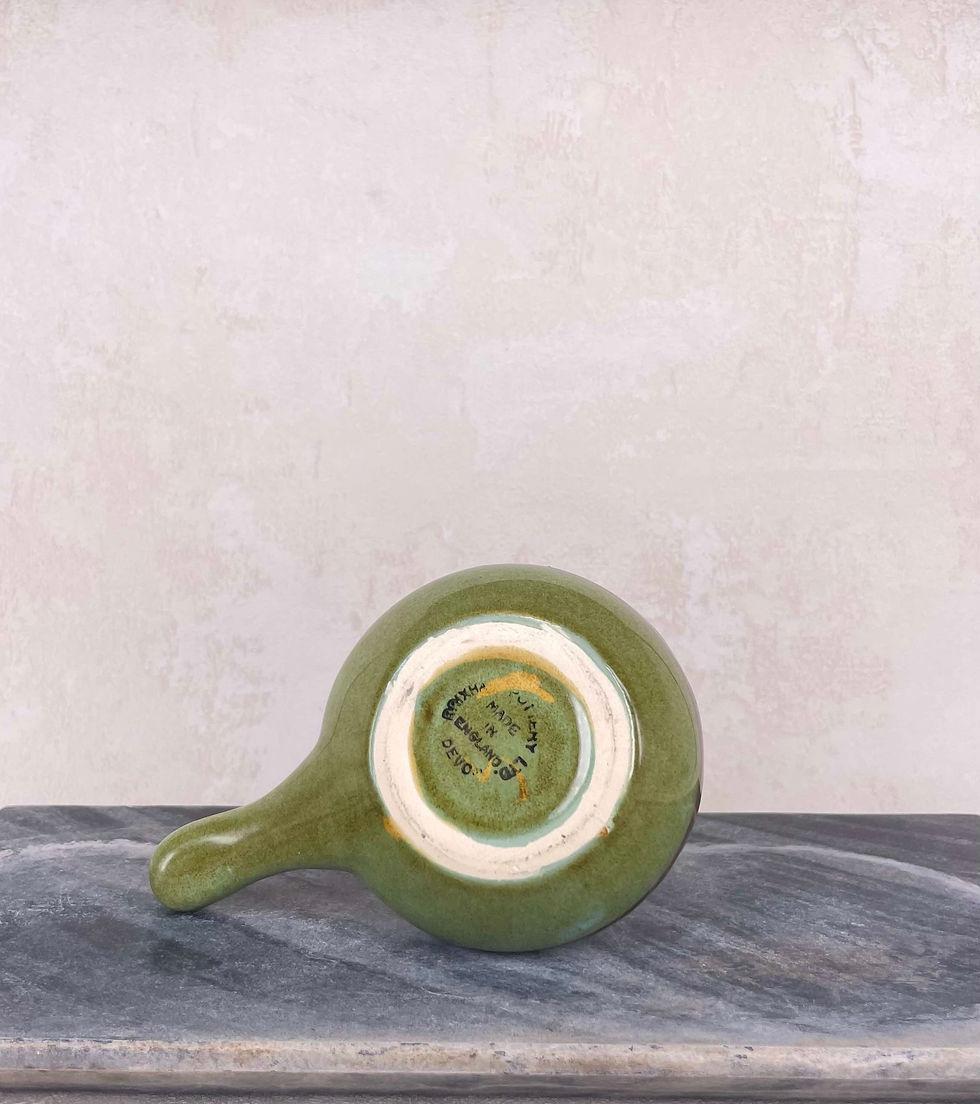 Thumbnail: collectable vintage Brixham Pottery Devon ceramic bowl, pot, green glaze with Celtic pattern, egg separator, open shelf decor