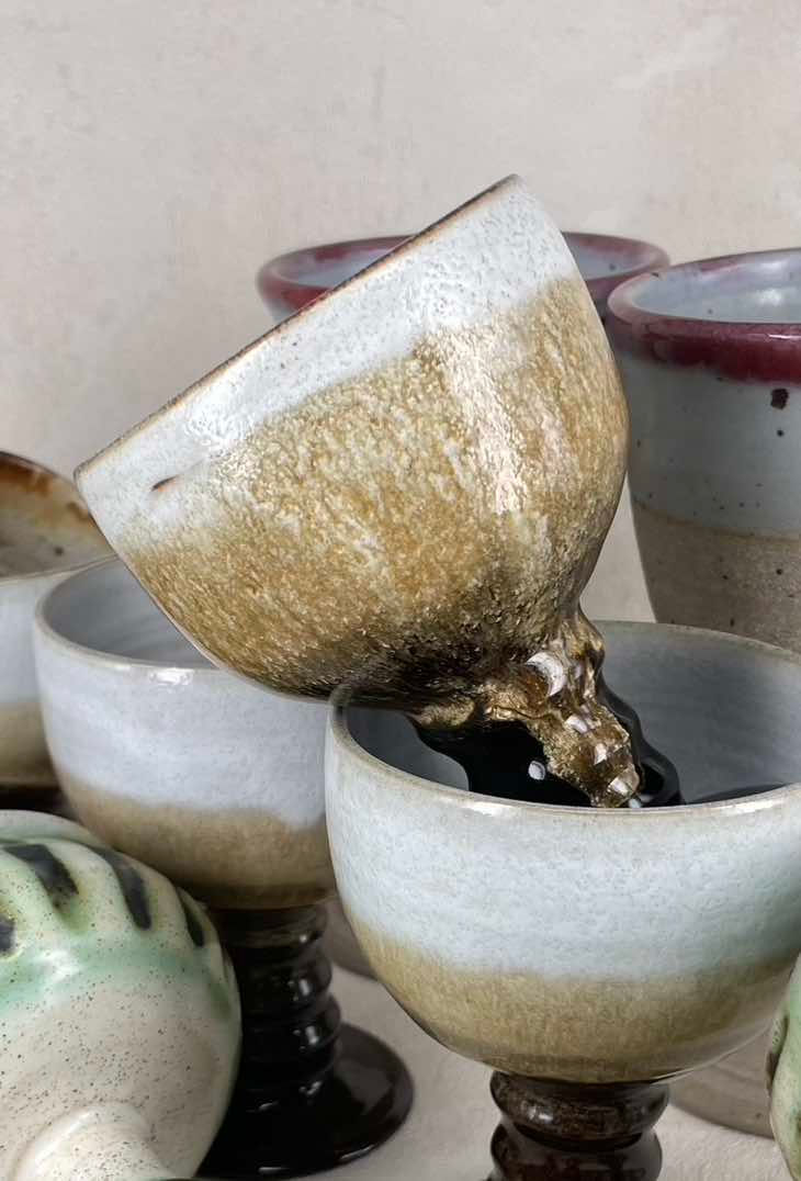 Thumbnail: collection of hand thrown artisan hand painted signed goblets mid-century decor circa 1970's - 80's.