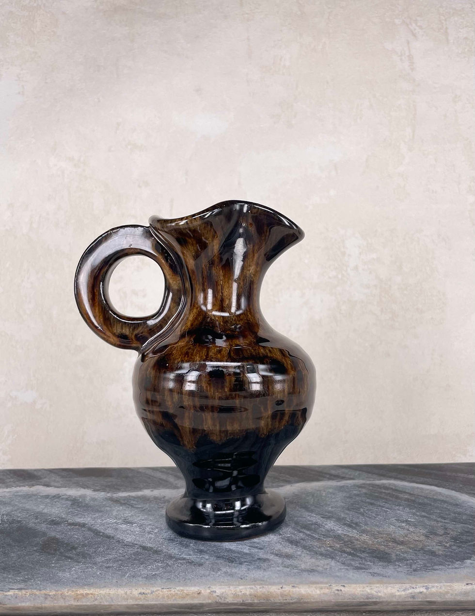 Thumbnail: Dark brown mottled hand thrown jug, brown glazed bowl, dark brown glazed earthenware, rustic kitchenware, retro bowl.