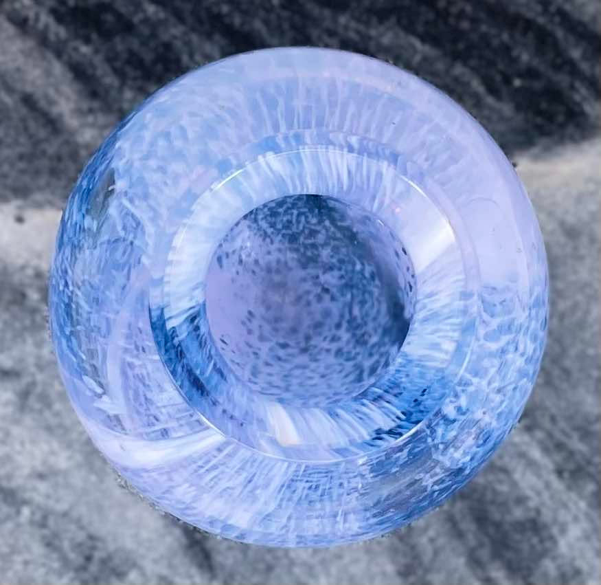 Small blue bud vase, short blue and lilac swirl mottled glass vase, Scottish art glass, Caithness short glass bud vase,