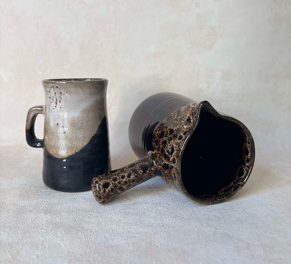 Thumbnail: Vintage Studio Pottery Ceramic Pouring Jug & Mug, Brown/Cream Glaze set, artisan pottery, rustic pottery, MC pottery.