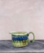 Portmadoc pottery, Welsh pottery, studio ceramics, blue and green hand thrown studio pottery jug, drip glaze jug, handmade,