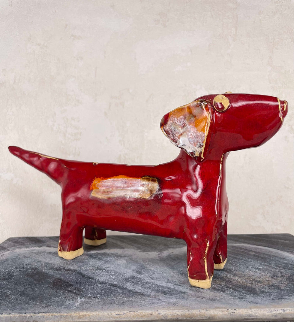 Thumbnail: Red dog hand made dog in deep red glaze with holes on top for incense sticks, hand made vintage sculpture from 1970's retro.