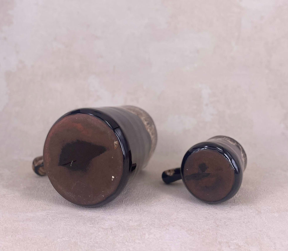 Thumbnail: unique set of matching vintage stoneware jugs, retro ceramic drip glaze jugs, brown honeycomb jugs with side handles.