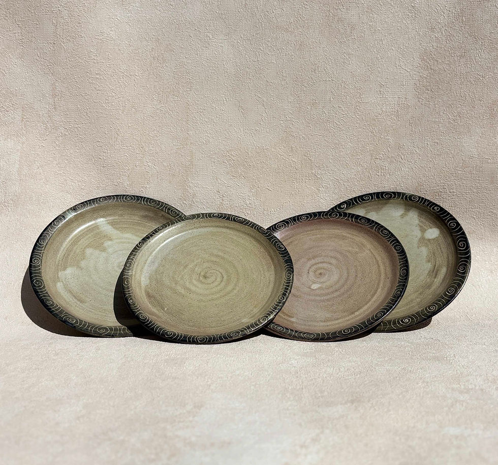 Thumbnail: Vintage Signed Studio Pottery Stoneware Cup & Saucer Set, 8 piece cup & plate set,