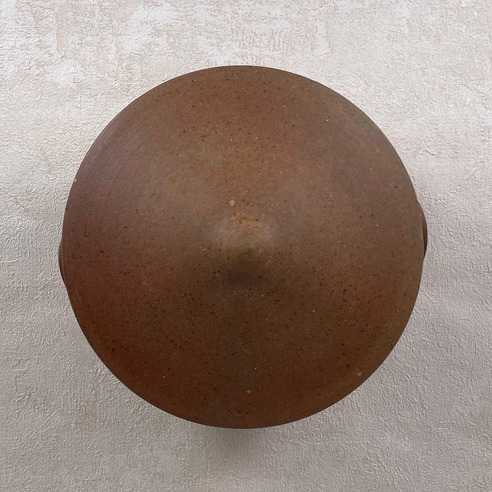 Thumbnail: rustic brown clay signed handmade artisan pot with lid, internal olive green drip glazed pottery, hand thrown pot.