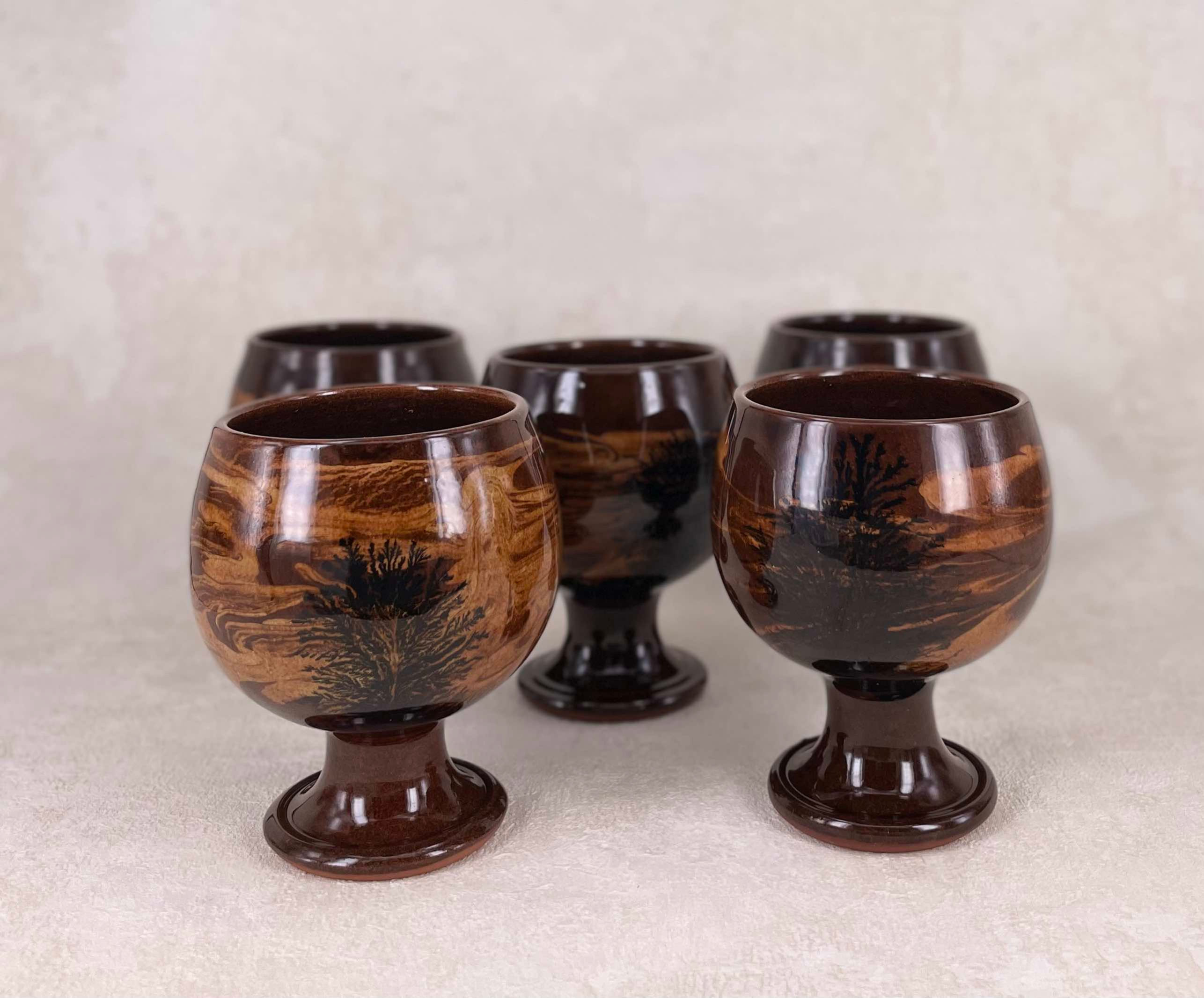 Vintage Boscastle Terracotta Goblet Set Signed - 5 Piece Set. terracotta wine goblets.