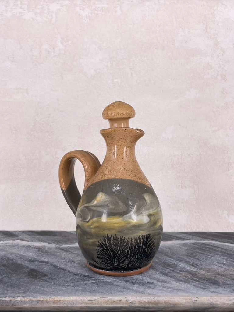Thumbnail: Vintage 2 piece cruet pottery set, Boscastle Mocha Ware - jug with lid, hand painted terracotta stoneware plate.