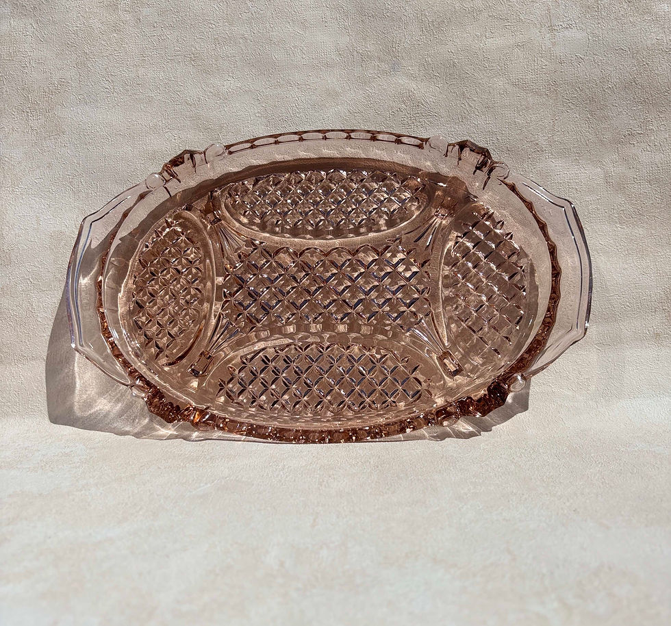 Thumbnail: Vintage Stölzle  Art Deco Blush Pink Pressed Glass Vanity Set  - Set of 4.