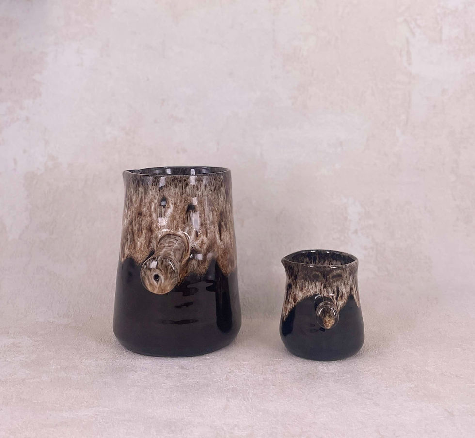 Thumbnail: Handmade artisan ceramic jugs in brown and cream glaze, fosters pottery honeycomb brown glaze, fat lava drip glaze jugs, rare