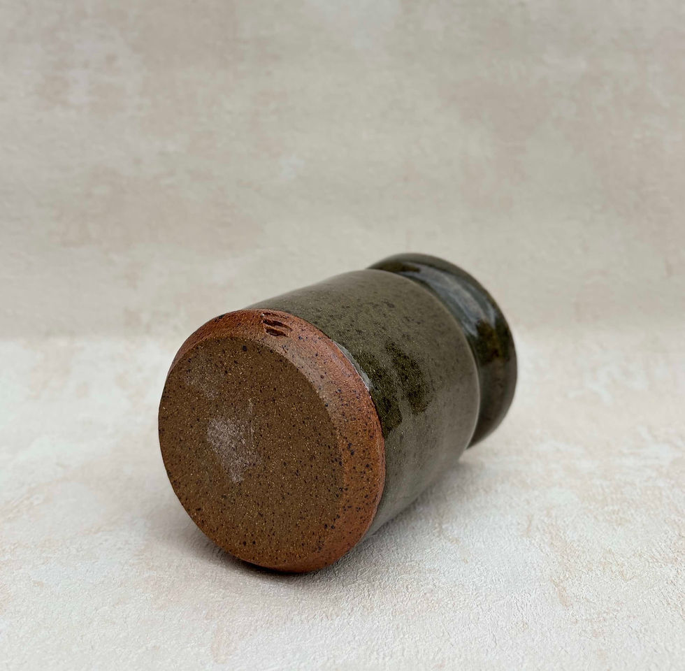 Thumbnail: Vintage Studio Pottery Ceramic Vessel, Green Speckled Glaze - Signed. Artisan stoneware, rustic kitchen decor.