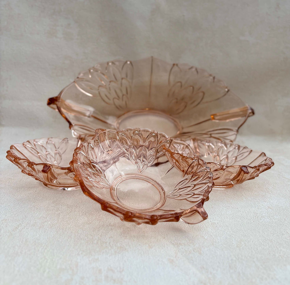 Thumbnail: Vintage Art Deco Pink Pressed Glass Serving Bowls, Depression glass, art deco glass, vintage serving bowls. vintage glassware