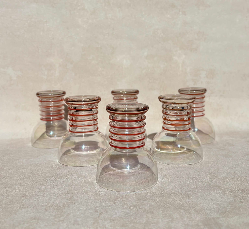 Thumbnail: Vintage Pearlescent Glass Decanter & Matching Cordial Glasses 7 Piece set. Vintage barware, retro bar cart decor.