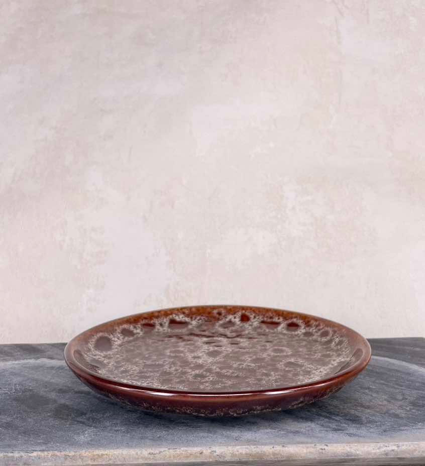 Thumbnail: Fosters side plates,ceramic lava glaze plates, 1970's tableware, Fosters Pottery, brown drip glaze, honeycomb matching plates